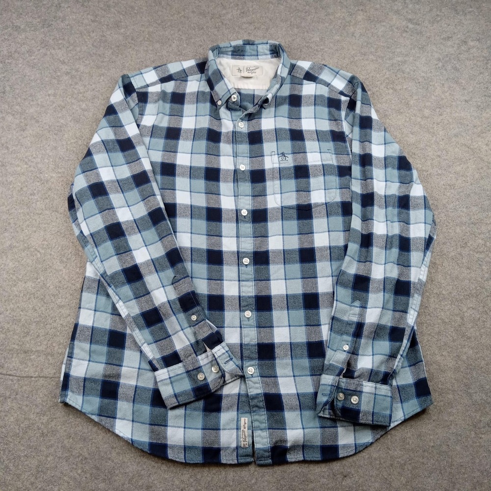 Original Penguin Shirt Mens XL Blue Plaid Flannel Button Front‎ Long Sleeve